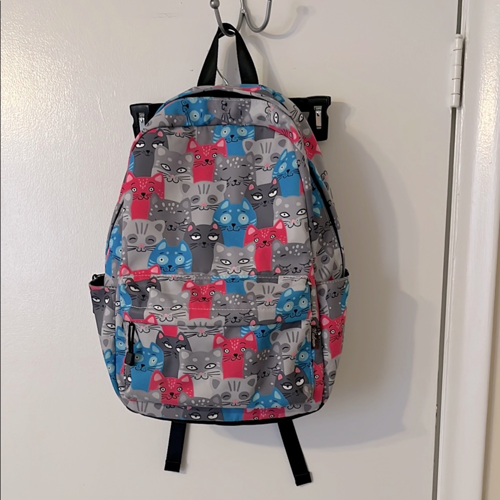 Wadirum grey, pink, and blue Cat Print Backpack